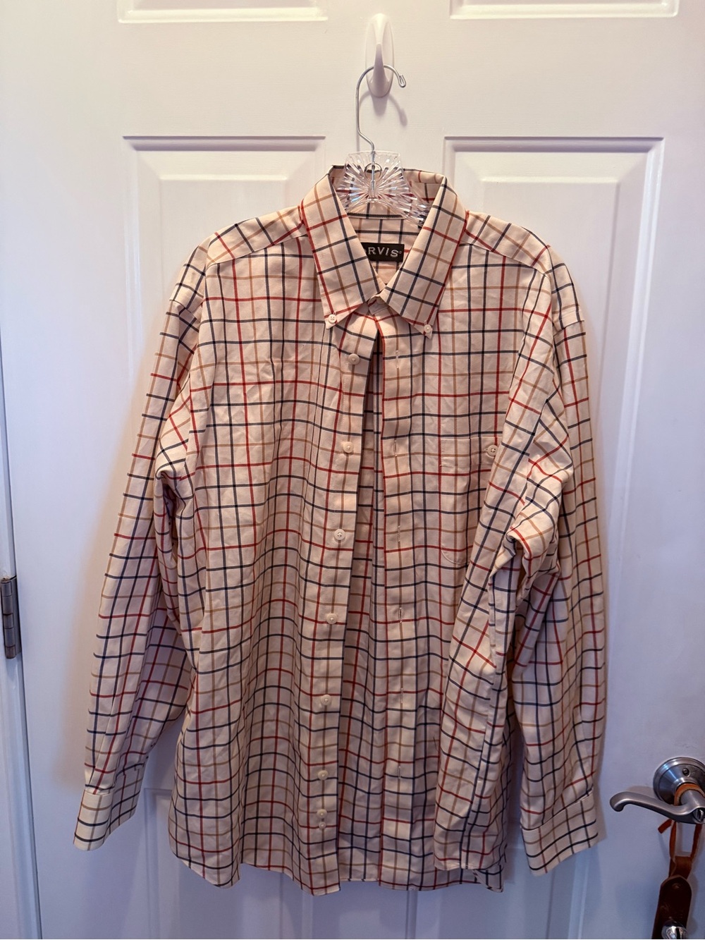 Orvis Beige Plaid Button-Down Shirt with Navy and Red Windowpane size large